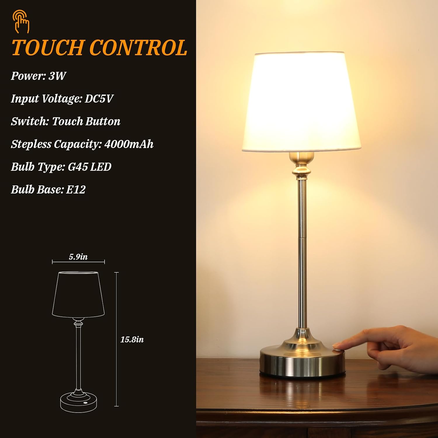 Kakanuo Cordless Table Lamps Rechargeable Set - 2 Pack Silver 4000mAH Battery Operated Lamps for Decor, 3000K Stepless