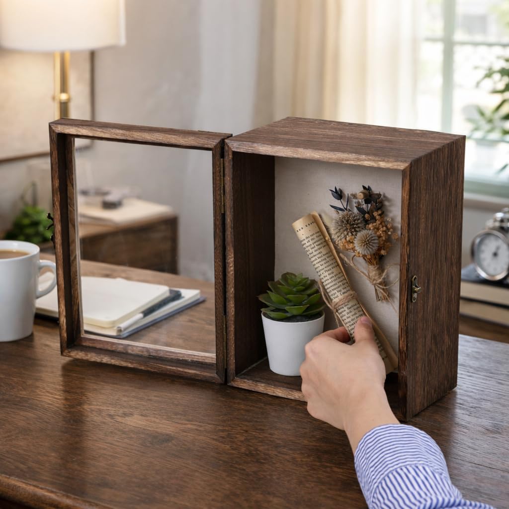 Deep Shadow Box Frame 8x10 with 4.7" Overall Depth, Rustic Carbonized Wood Display Case, Deep Wood Memory Box with