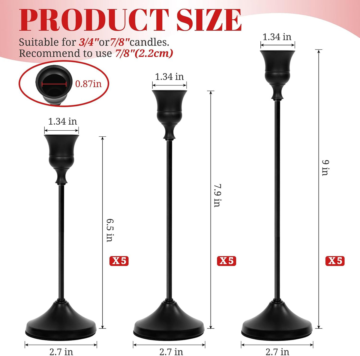 Matte Black Candlestick Holders 12 PCS,Metal Taper Candle Holder | for Pillar Candles, Reutilizable, Vintage Dining
