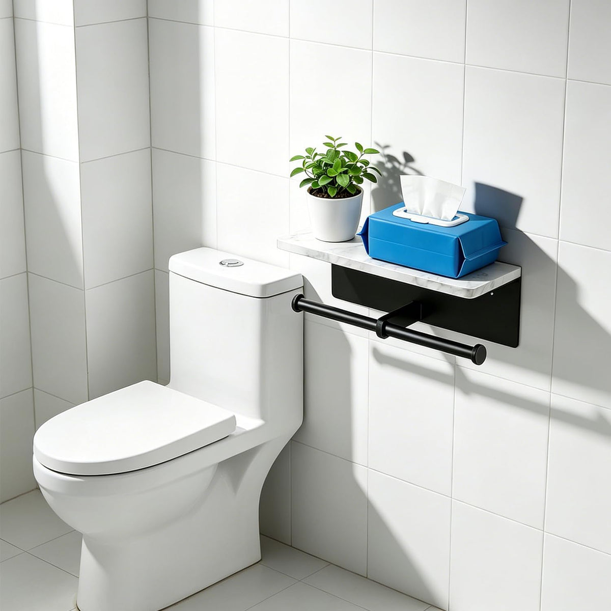 Matte Black Toilet Paper Holder Wall Mount, NEWRAIN Rustproof Commercial Double Toilet Tissue Holder with Marble Phone