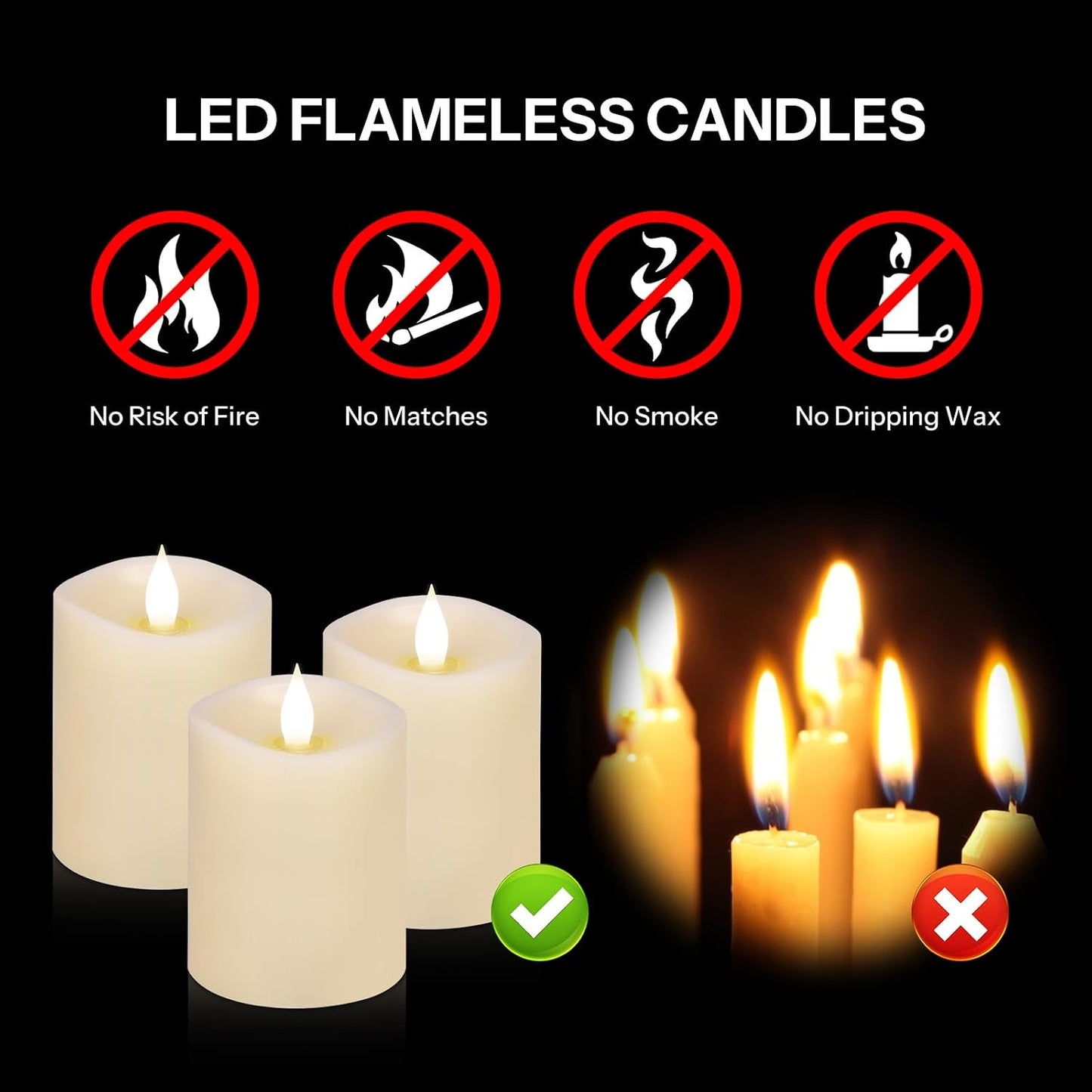 3x4 Flickering Flameless Candles Set of 3,Real Wax Pillar LED Candles,with Timer,4 inch Flameless Candles with