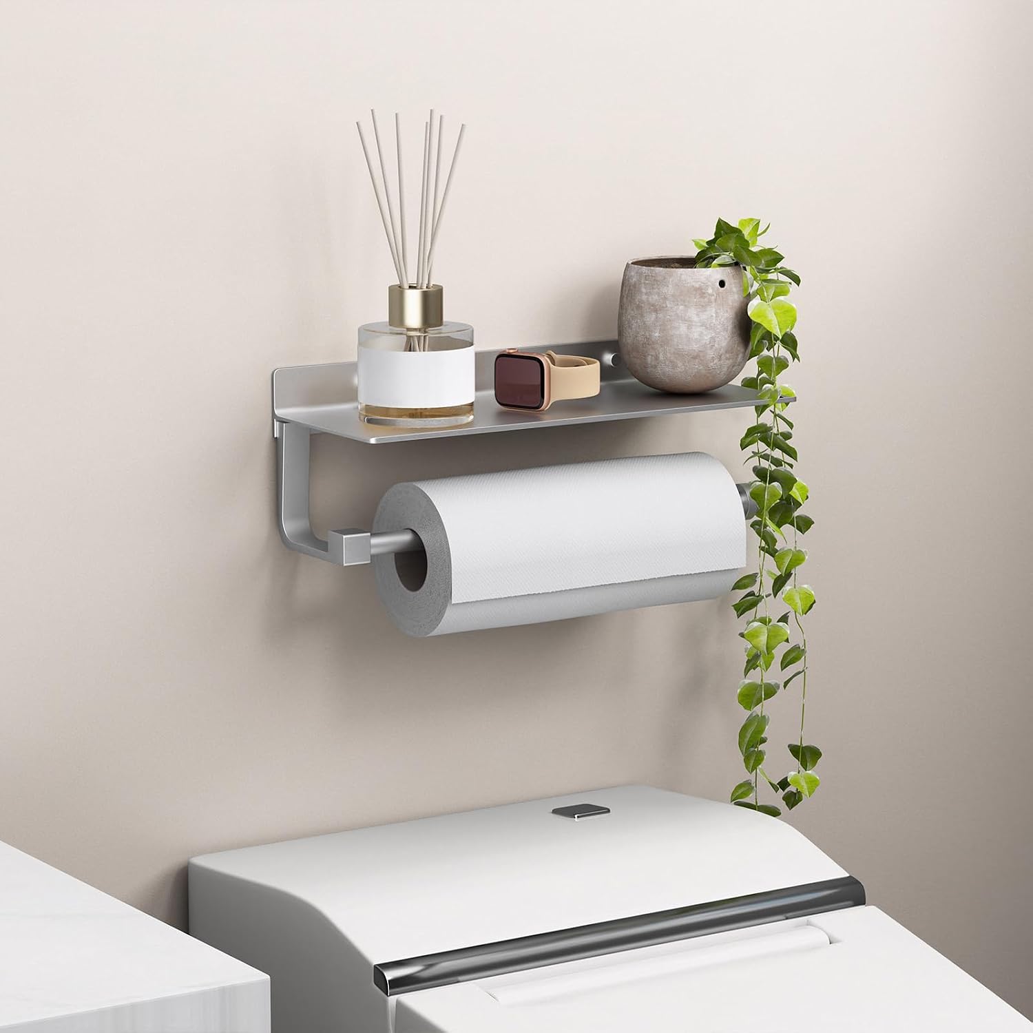 Wall Mount Paper Towel Holder with Shelf for Bathroom/Kitchen, Adhesive Hand Towel Holder, Matte Silver