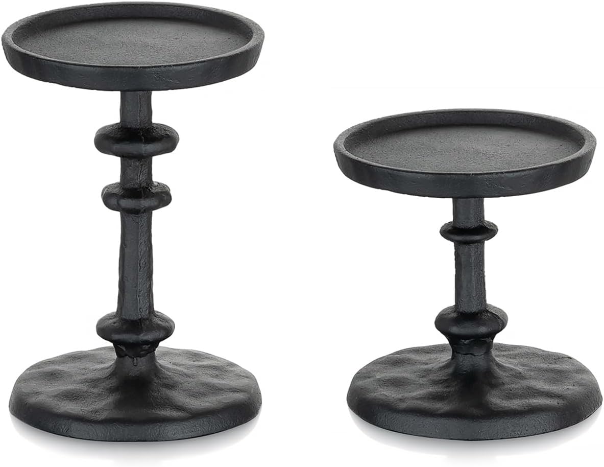 NUPTIO Pillar Candle Holder Black: Solid Cast Iron Candle Stand | Hammered Candleholder for 3 Inch Pillars Heavy