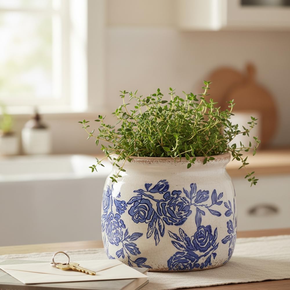 Rustic Farmhouse Planter / Blue & White Chinoiserie Floral / 6.29 Inch