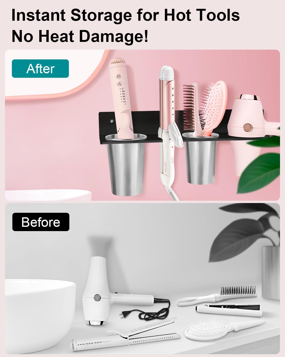 Hair Tool Organizer, Hair Dryer Holder with Heatproof Steel Cups, Acrylic Vanity Organizer for Curling Iron, Flat Iron