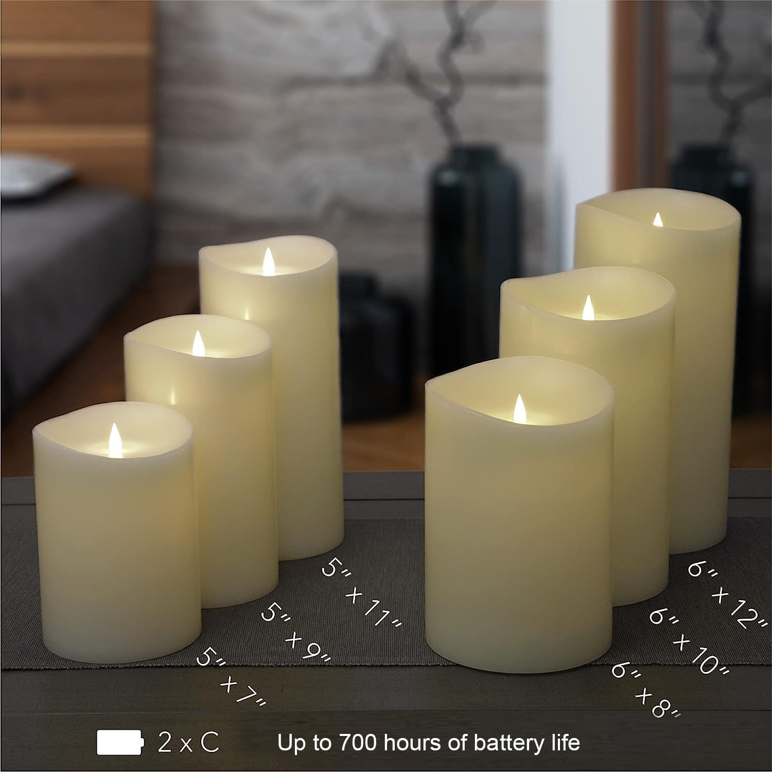 Flameless Candle - 6"x 8"Ivory - Flickering Moving Flame Pillar Candle, Includes Remote Control - Real Wax - 2 x C