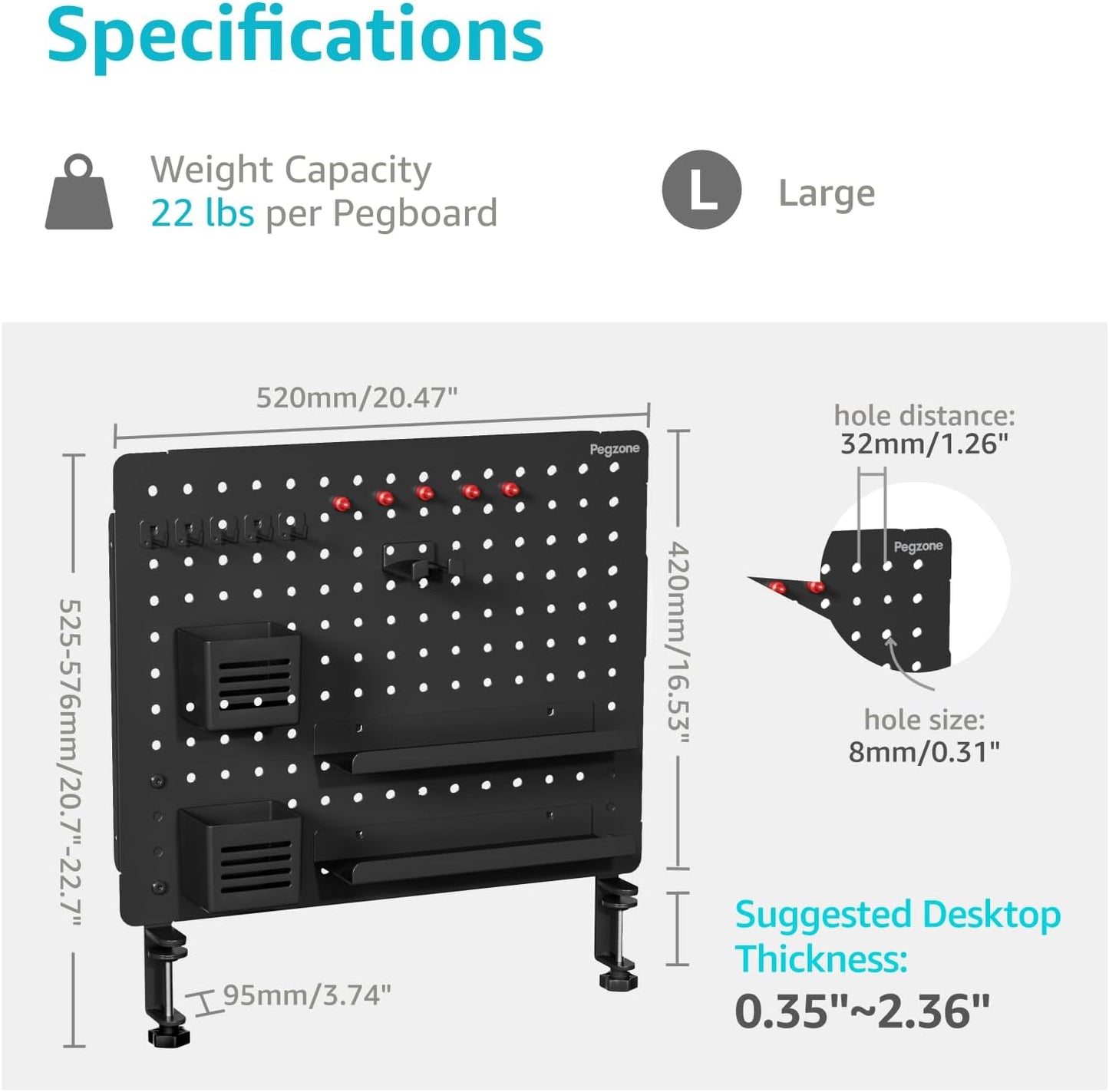 Clamp on Desk Pegboard, 20.4" x 16.5", with 15 Accessories, Black | Magnetic Metal Peg Board, Desk Organizer for Office