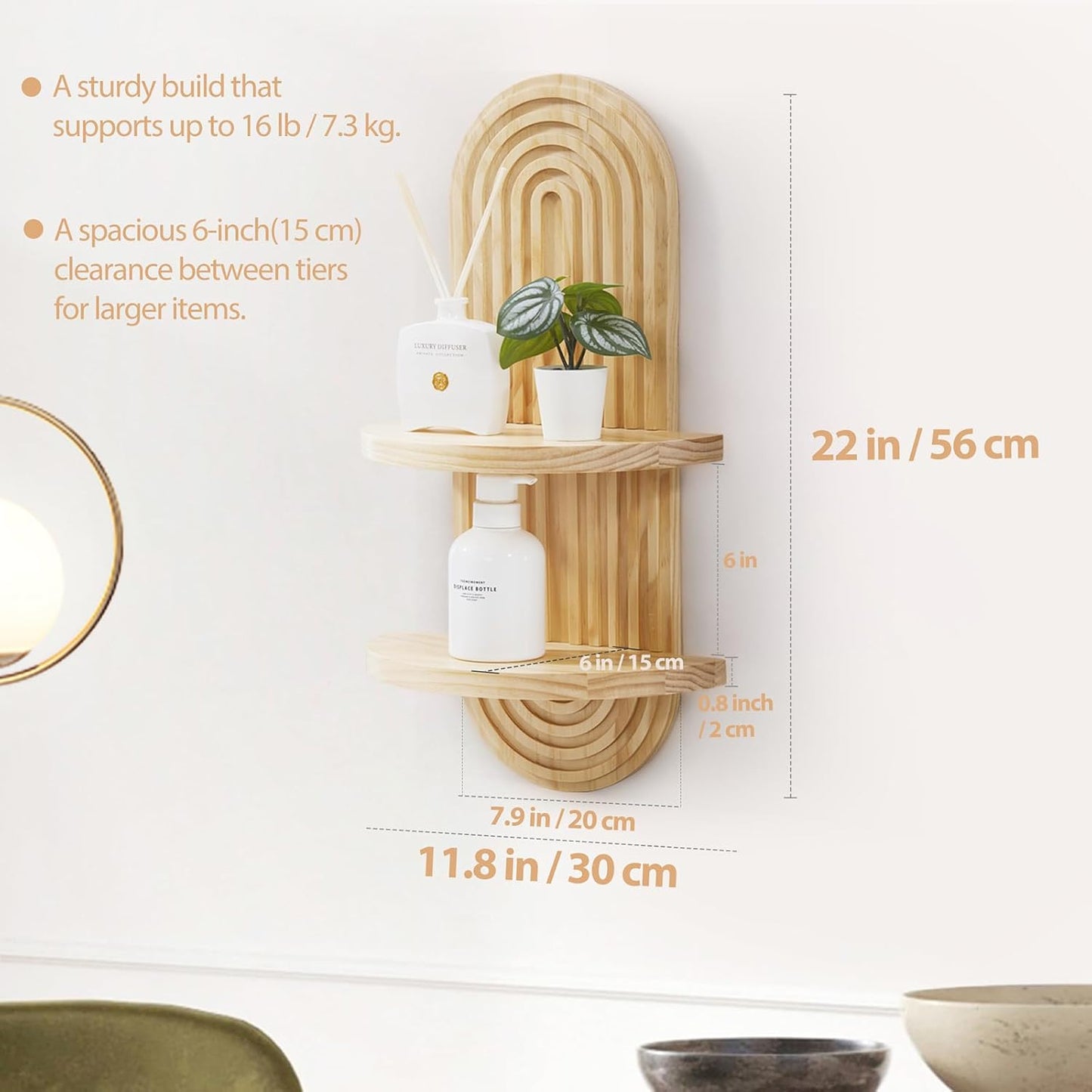 Boho Decor Floating Shelves Book Display Rainbow Shelf / 22 x 11.8 / Natural