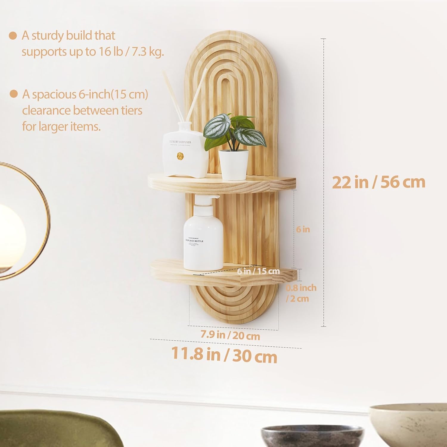 Boho Decor Floating Shelves Book Display Rainbow Shelf / 22 x 11.8 / Natural