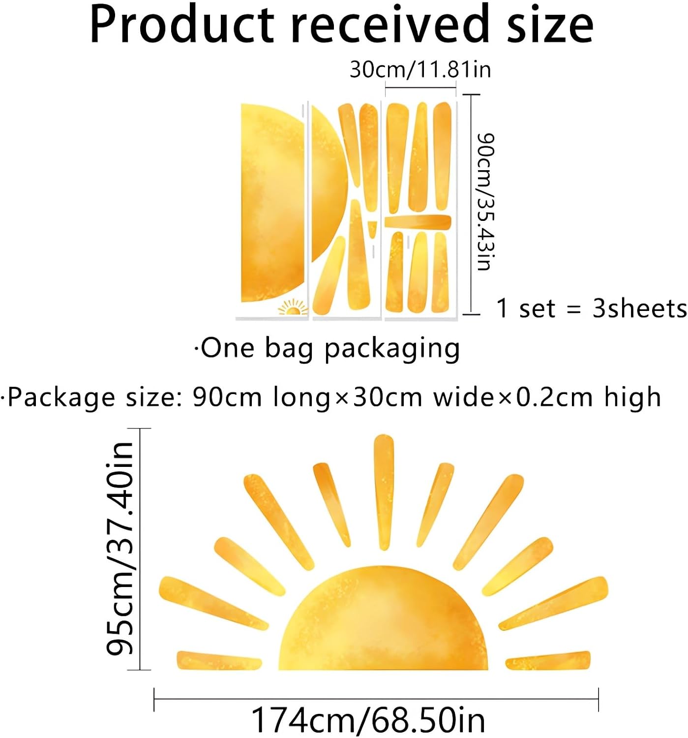 Large Sun Wall Stickers / Yellow / 68.5 x 37.4