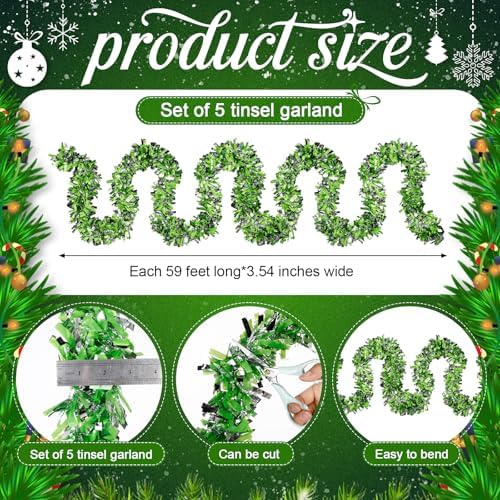 295 Feet Christmas Tinsel Garland, Lime Green, White, Silver