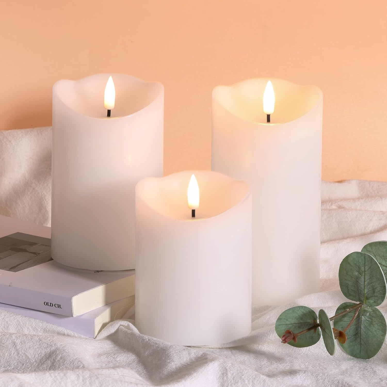 White Flameless Pillar Candles with Remote Set of 3 | Flickering LED Wax Candles, 2 AA Battery Powered, Melted Edge