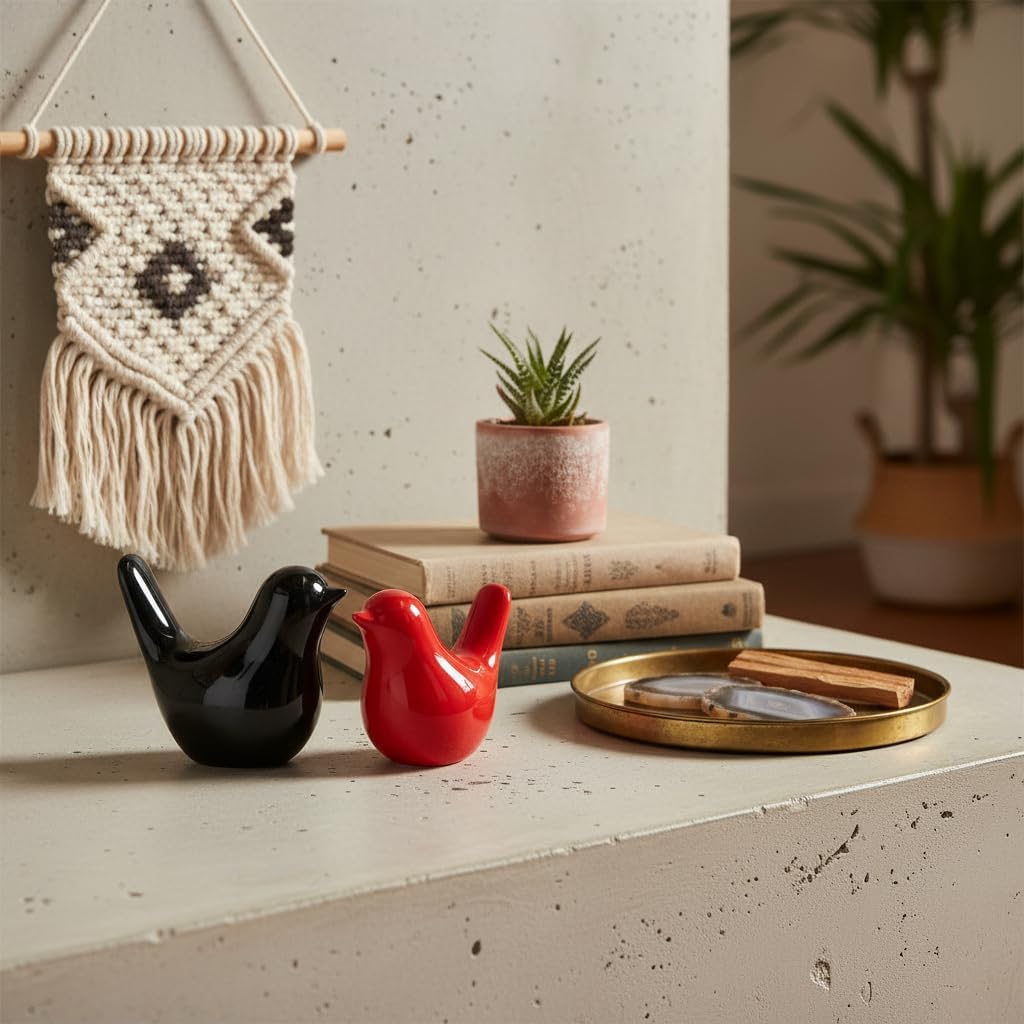 Small Ceramic Bird Statue and Sculpture / Black Red