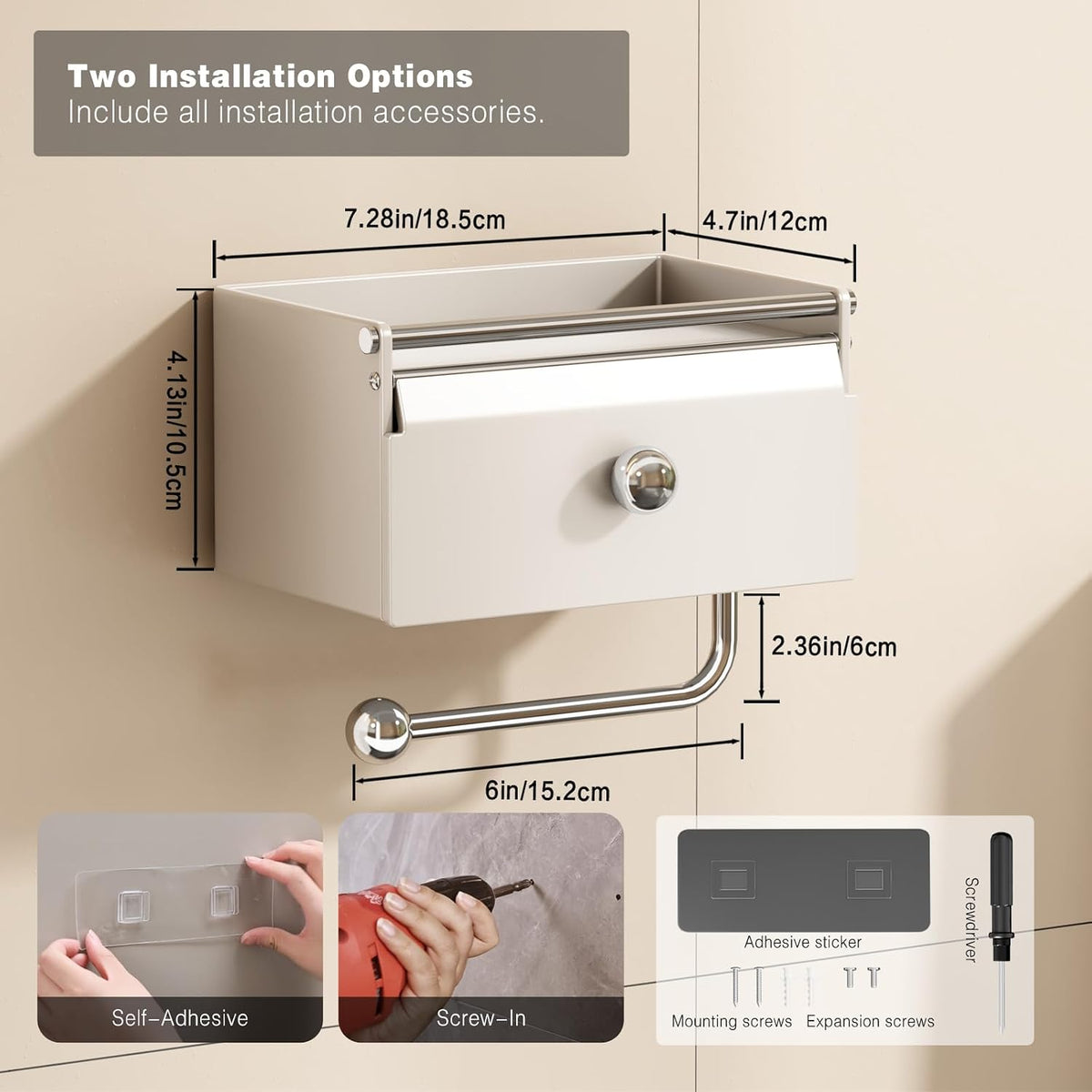 Voldra Toilet Paper Holder with Shelf, Flushable Wipes Dispenser for Bathroom, Adhesive Toilet Paper Roll Holder with