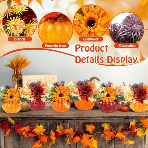 Set of 6 Mini Fall Pumpkin with Artificial Flower Decorations Thanksgiving Sunflower Centerpieces for Tables Harvest Fall Table Floral Decor Autumn Fireplace Mantle Living Room Home Kitchen Party