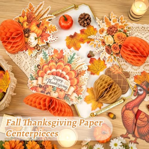 Paper Jazz Thanksgiving Honeycomb Table Decorations, Turkey and Pumpkin Centerpieces, Fall Autumn Theme Decor Set of 9, Indoor Tabletop Centerpiece for Thanksgiving Party Home Dining Table