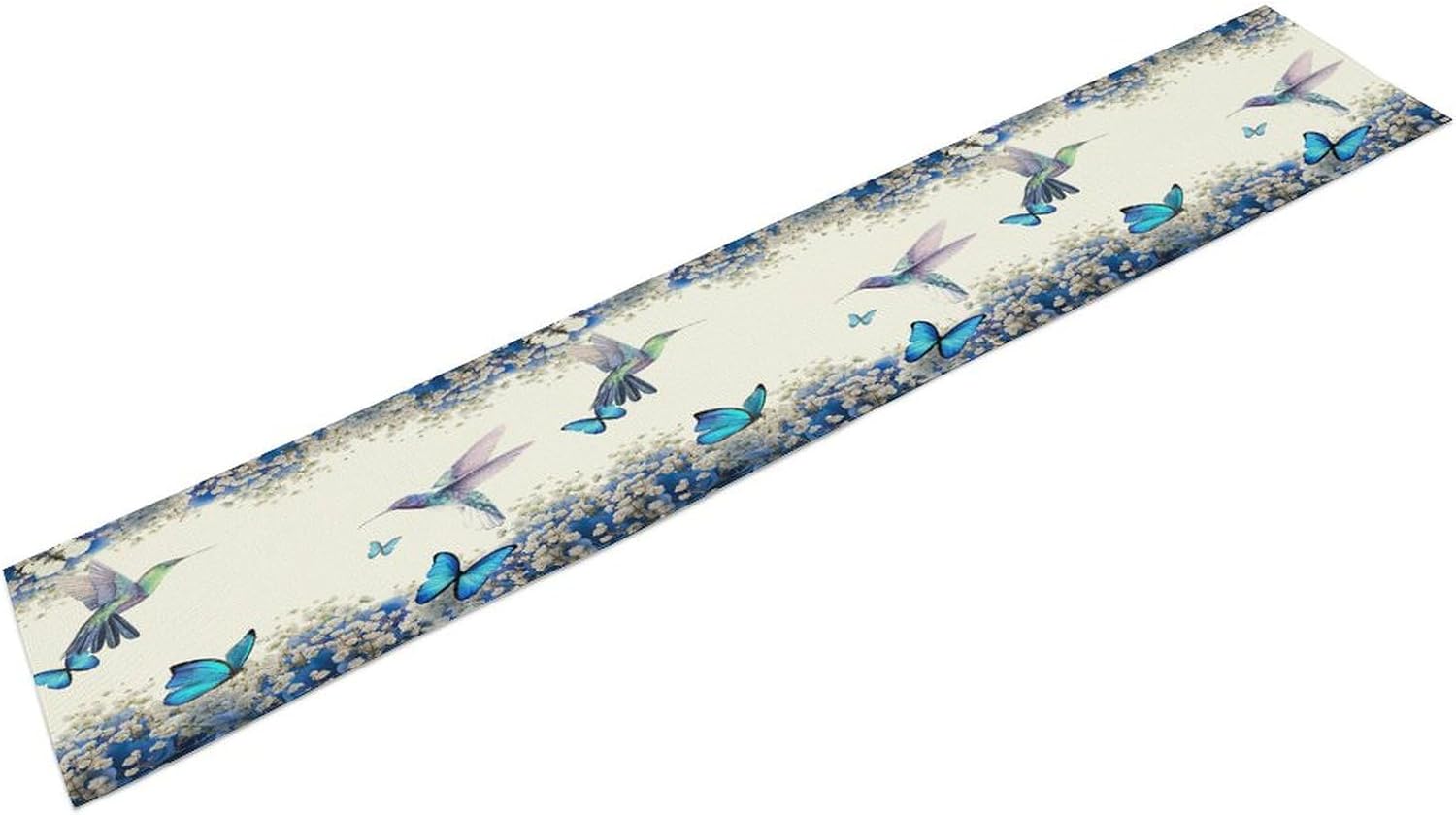 Hummingbird Flower Table Runner, Watercolor Spring Garden Theme Blue Flowers Butterfly Hummingbird Patterns Printed