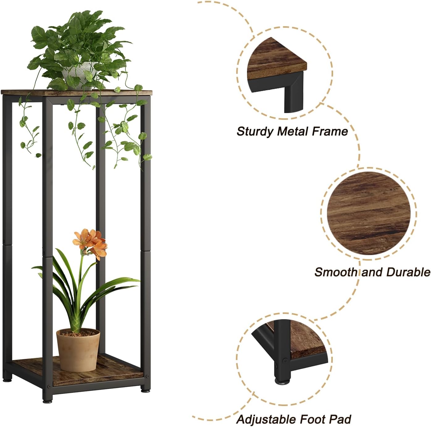 2 Tier Plant Stand Indoor Corner Tall Square Shape Plant Shelf | Modern Metal MDF board Flower Storage,Suitable tight
