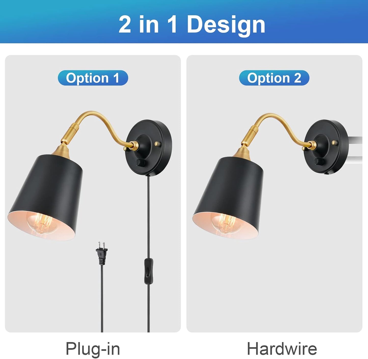 TRLIFE Wall Sconces Plug in, Dimmable Wall Lights with Plug in Cord Adjustable Lighting Angle Wall Mounted Light with