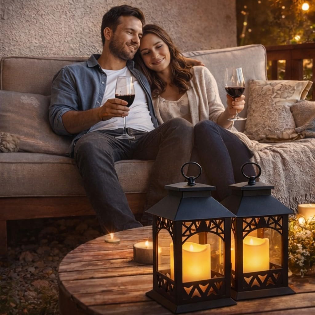 Black LED Lantern Set of 2 with Lattice Design & Pillar Candles – Lighted Decorative Lanterns with 4 Hour Timer –