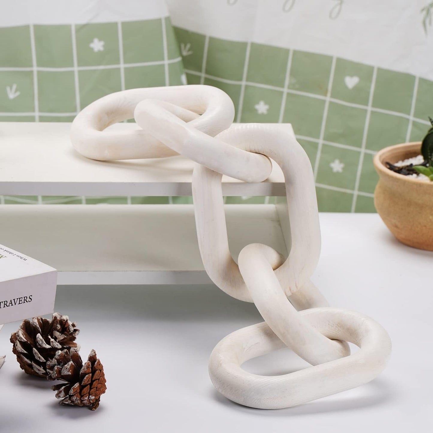 5 Link Chain Decor Hand-Carved Wooden Aesthetic Crafts / White