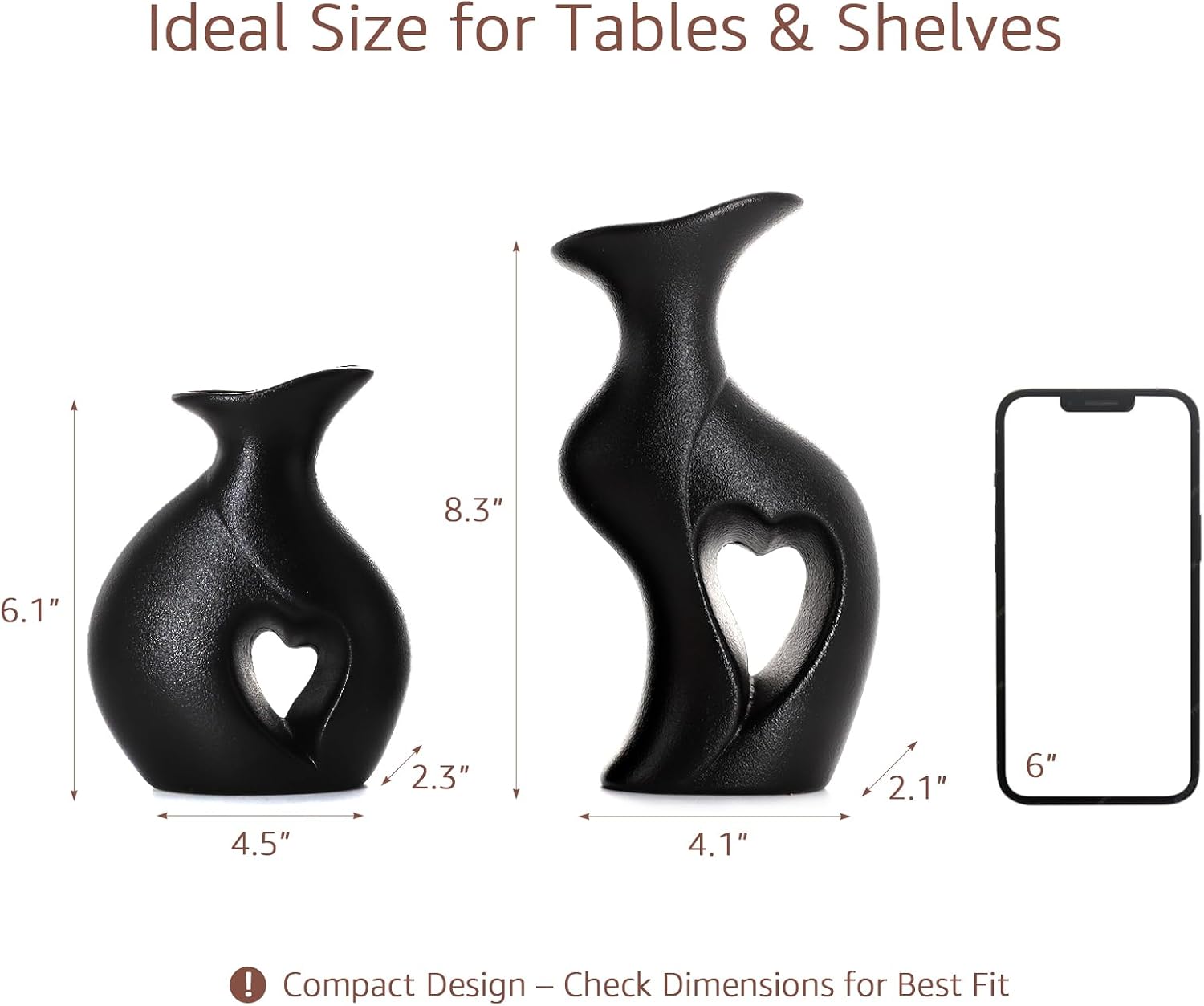 Ceramic Vases / Hollowed Heart Flower Vase for Modern Nordic Boho Home Decor / Black / Set of 2