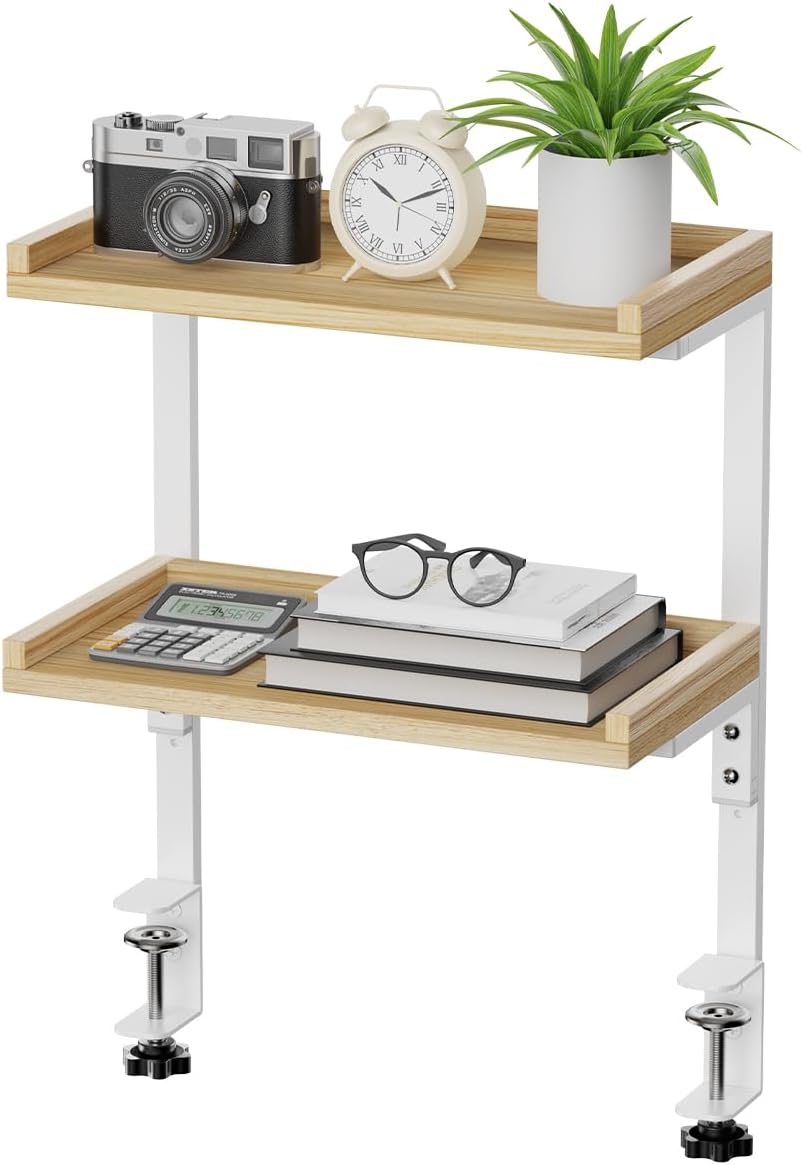 Clamp On Desk Shelf 2-Tier, 12.6 inch Wood Shelving Unit for Office Desk/Gaming Accessories, Tabletop Book Storage