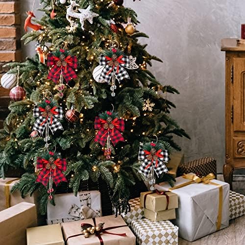 codree 6 Pcs Christmas Burlap Plaid Bows with Pine Cones Pine Needles