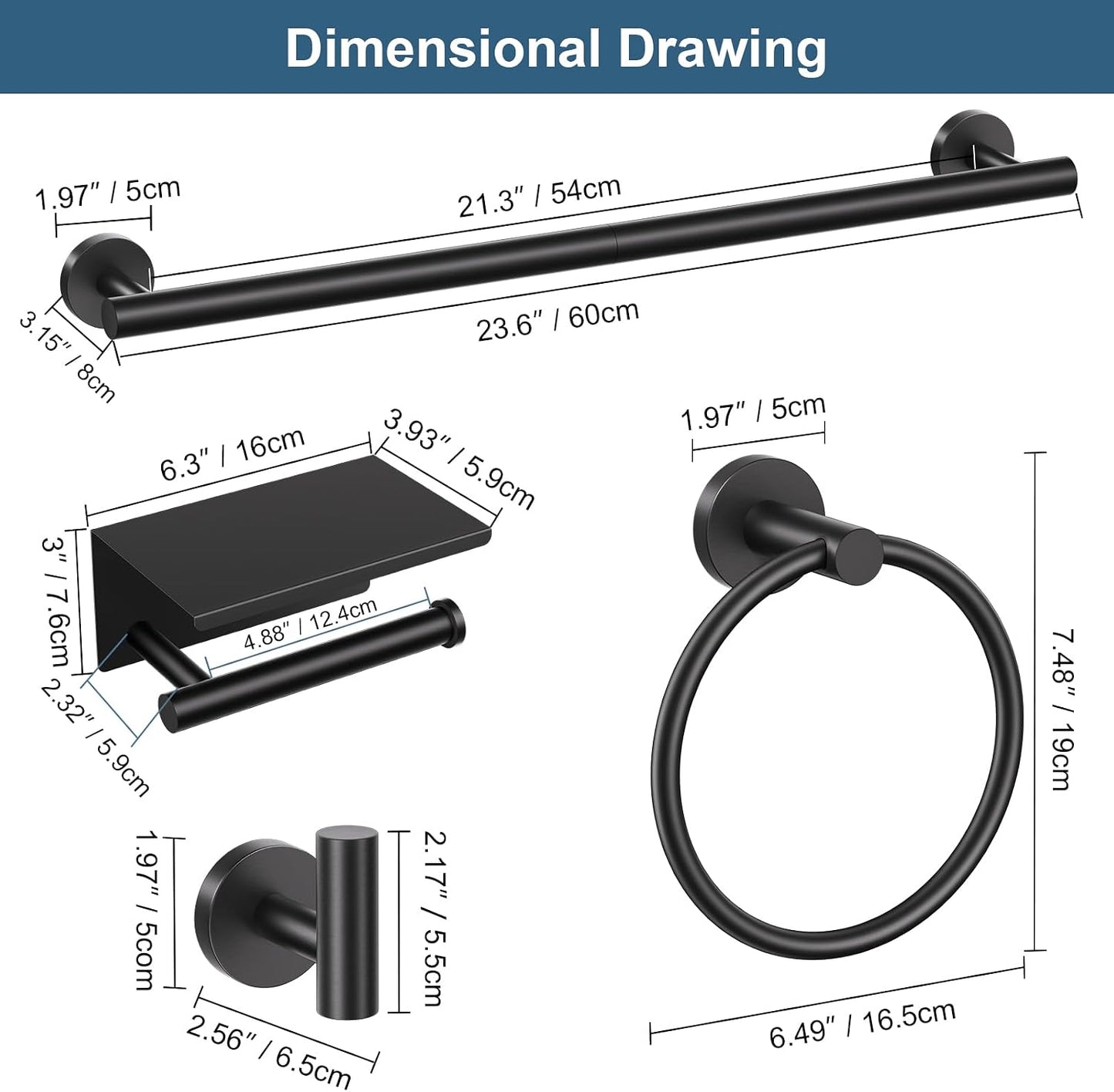 Matte Black Bathroom Hardware Set, 5 Pieces Black Towel Bar Bathroom Accessories Set, Upgraded Toilet Paper Holder with