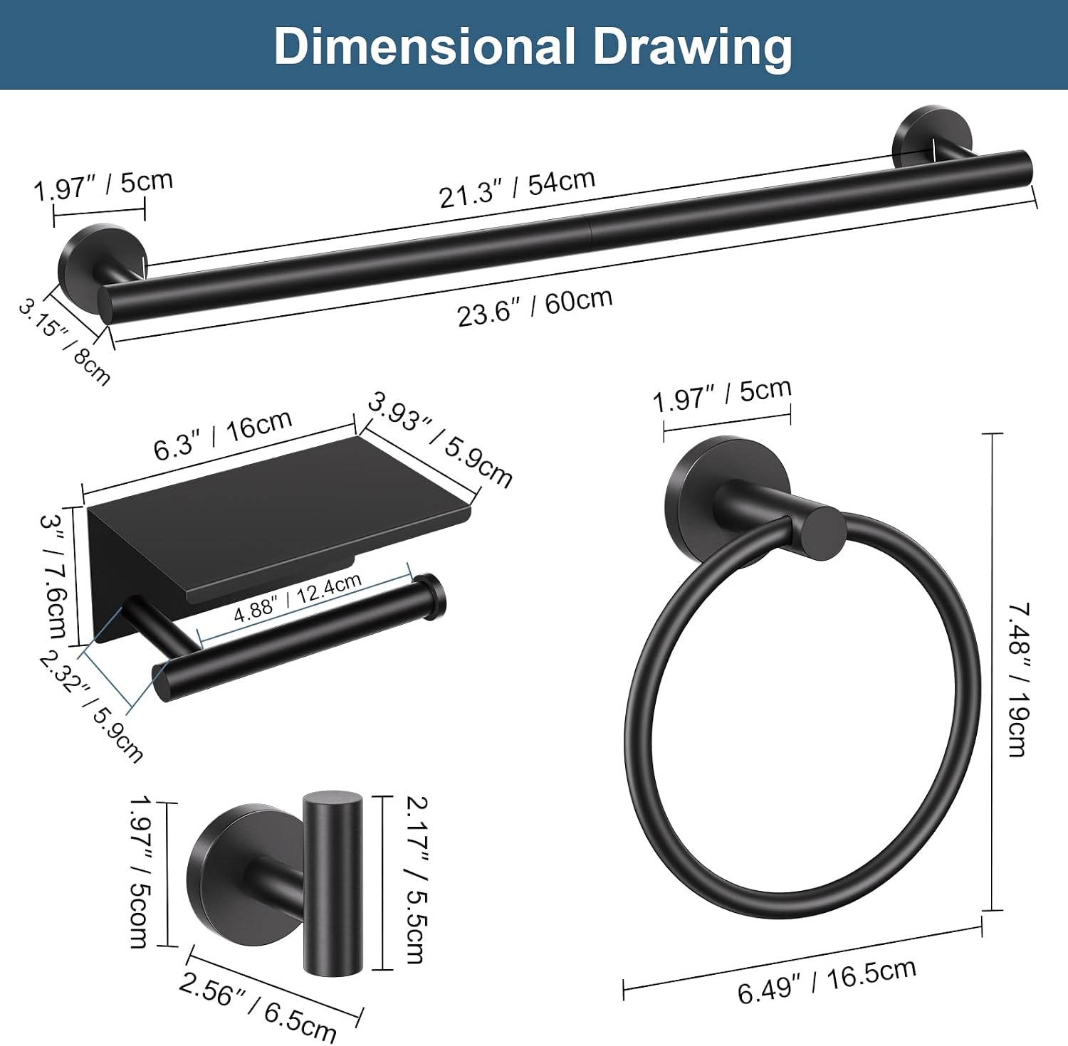 Matte Black Bathroom Hardware Set, 5 Pieces Black Towel Bar Bathroom Accessories Set, Upgraded Toilet Paper Holder with