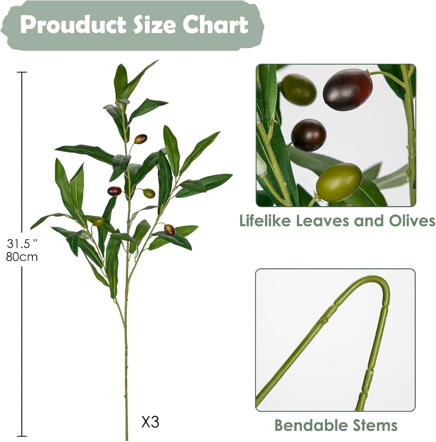 Artificial Olive Leaves Branches for Floral Arrangements / & 32 / Set of 3