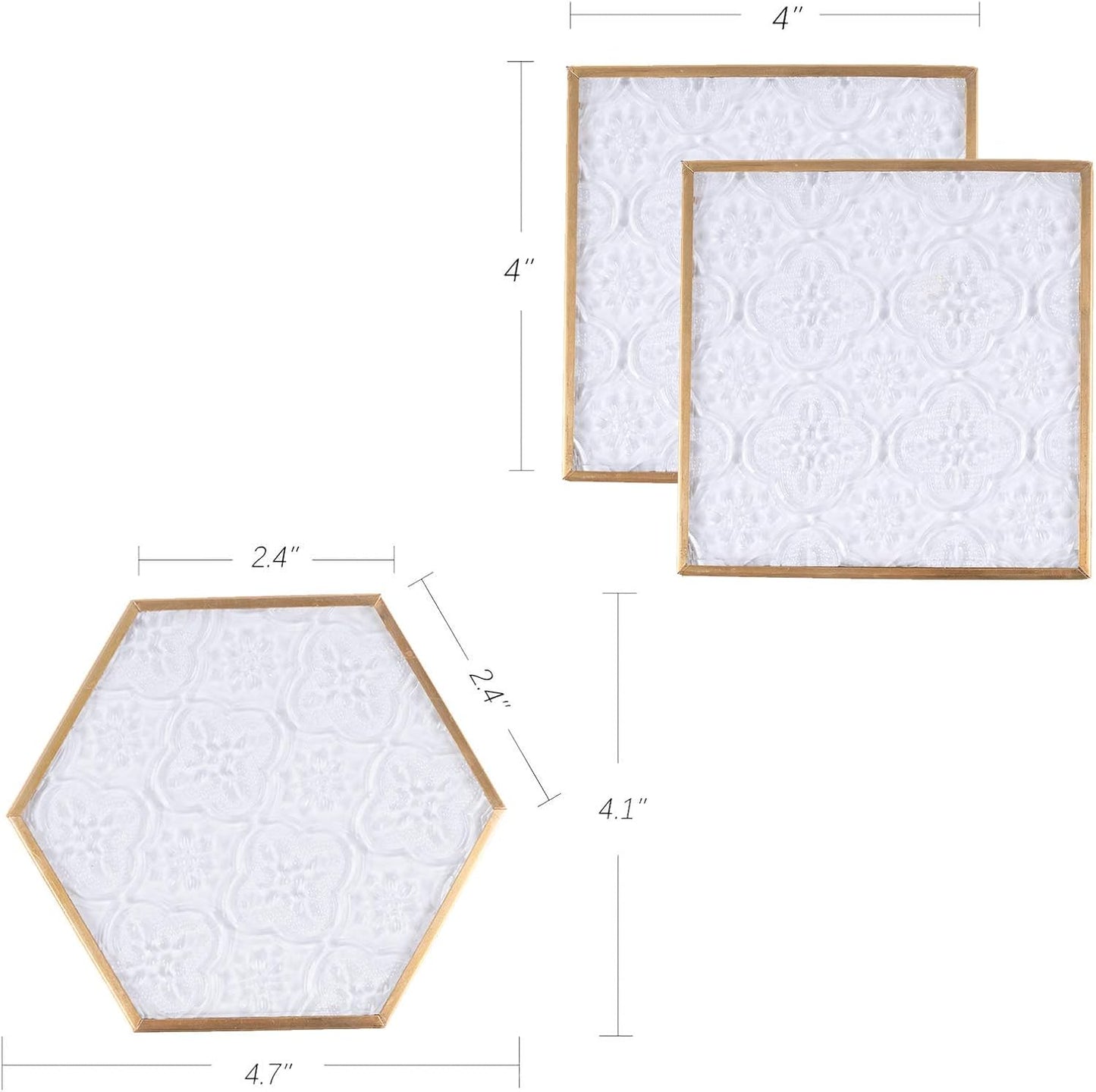 Glass Coasters for Drinks / Square and Hexagonal / Gold / Set of 6