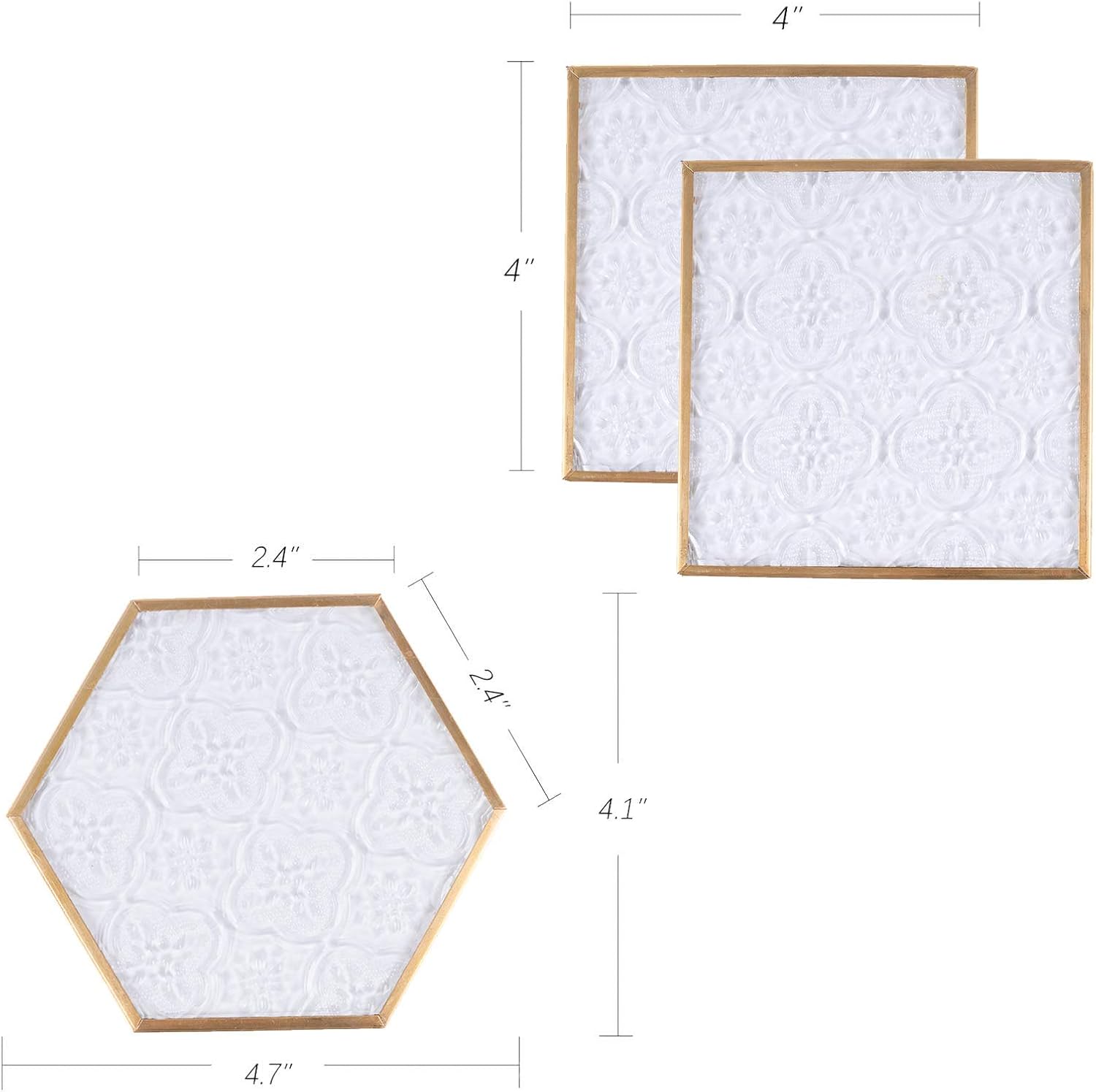 Glass Coasters for Drinks / Square and Hexagonal / Gold / Set of 6