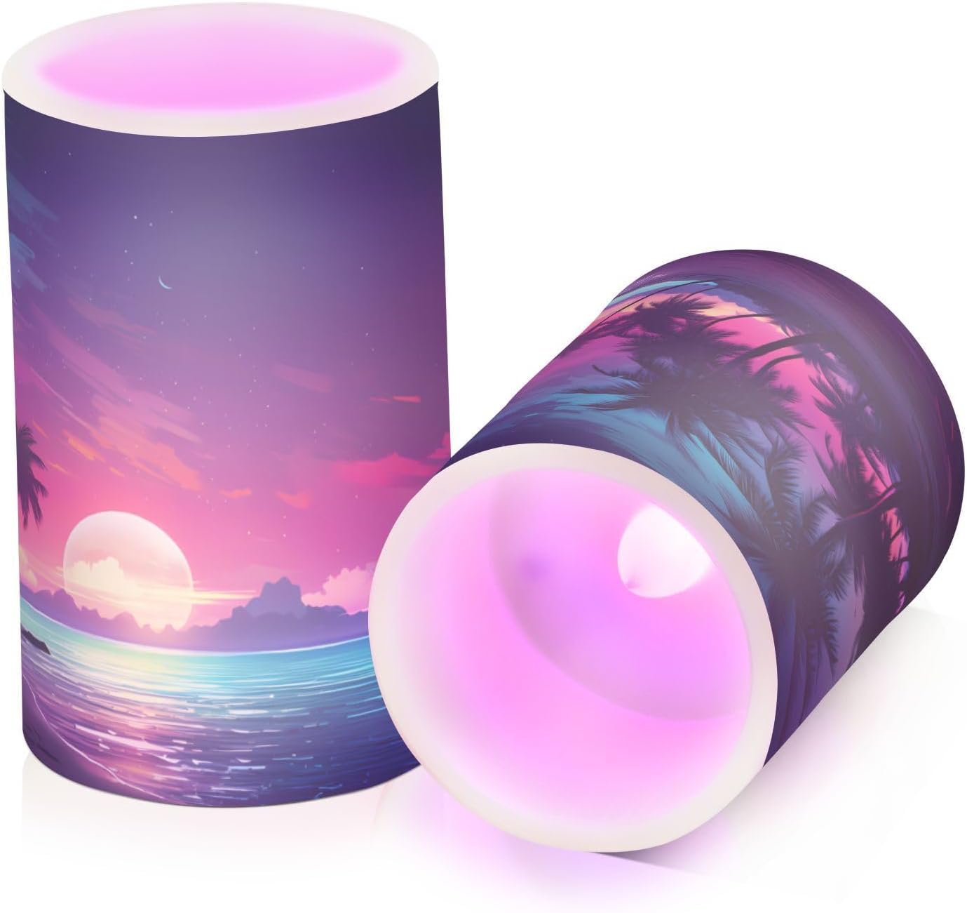 Flickering Flameless Candles, Palm Tree Beach Tropical LED Candles with Remote Timer, Set of 2 Battery Operated Candle