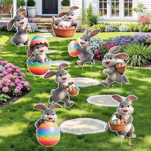 8 Pcs Easter Yard Signs with Stakes, Large Outdoor Easter Bunny Decorations in 8 Styles Featuring Cute Rabbits and Eggs, Sturdy and Waterproof Bunny Yard Lawn Garden Decor for Easter Party