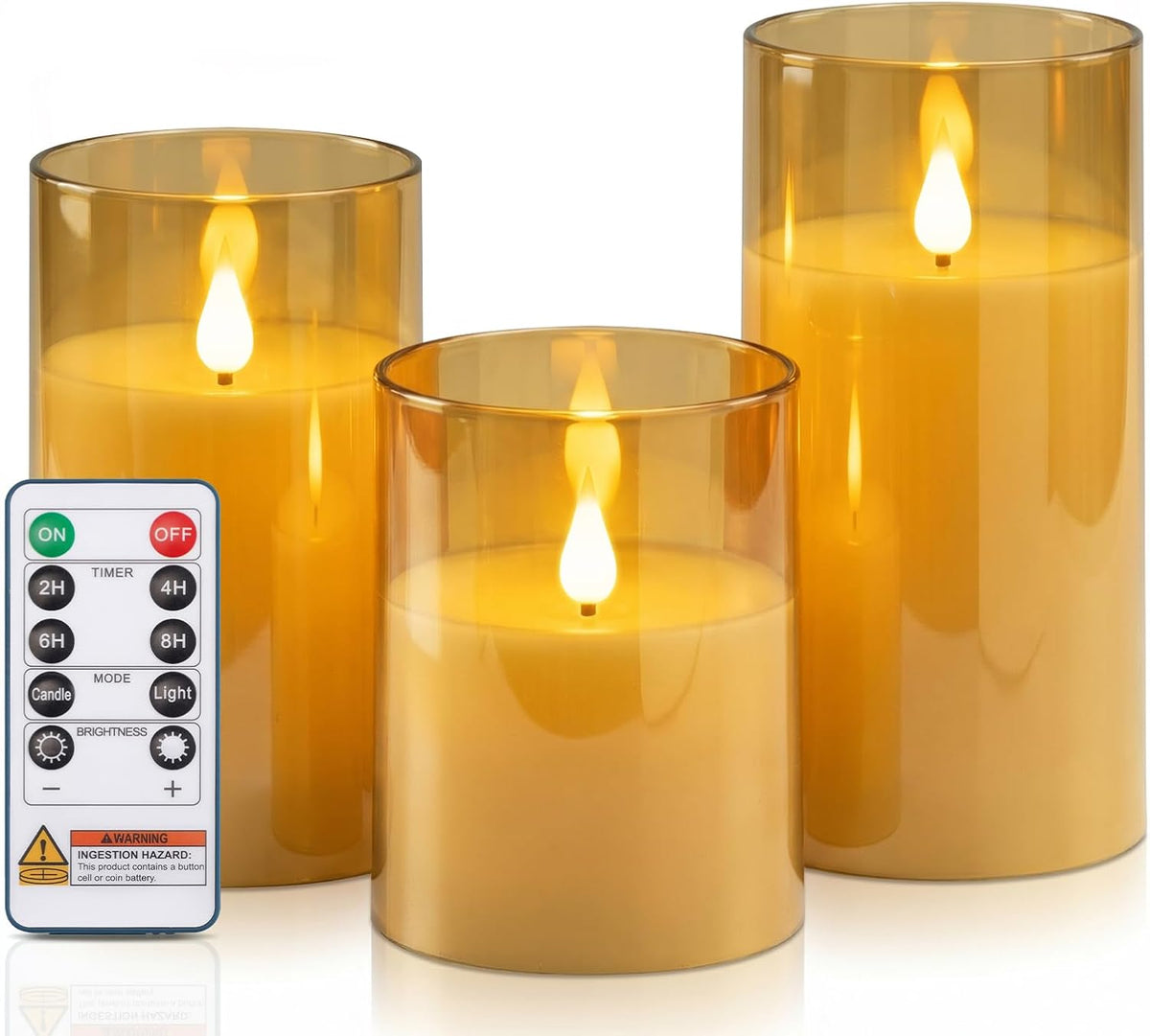 Homemory Amber Flameless Candles, Battery Operated Acrylic LED Pillar Candles with Remote Timer, Realistic Flickering Fake Candles for Home Decor, Thanksgiving, Christmas, Wedding, Set of 3