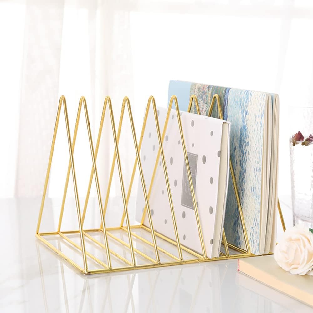 Sooyee 2 Pack 9 Slot Gold Magazine Holder, Desktop File Sorter Organizer Triangle Bookshelf Decor for Home Office, Iron