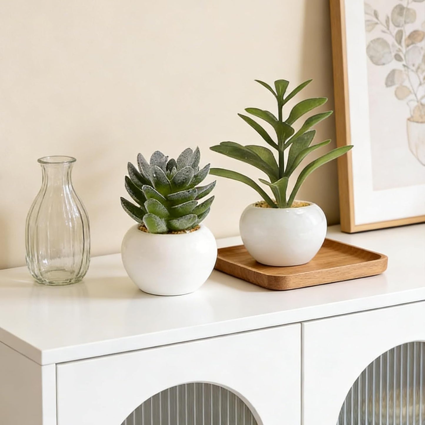 Mini Artificial Succulents Plants in Ceramic Pots Small Fake / Green-ceramic White Pot / Set of 6