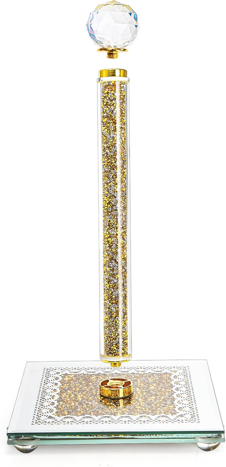 Paper Towel Holder, Gold Paper Towel Roll Dispenser Stand Weighted Base Non Slip Filled with Sparkly Crystal Crushed