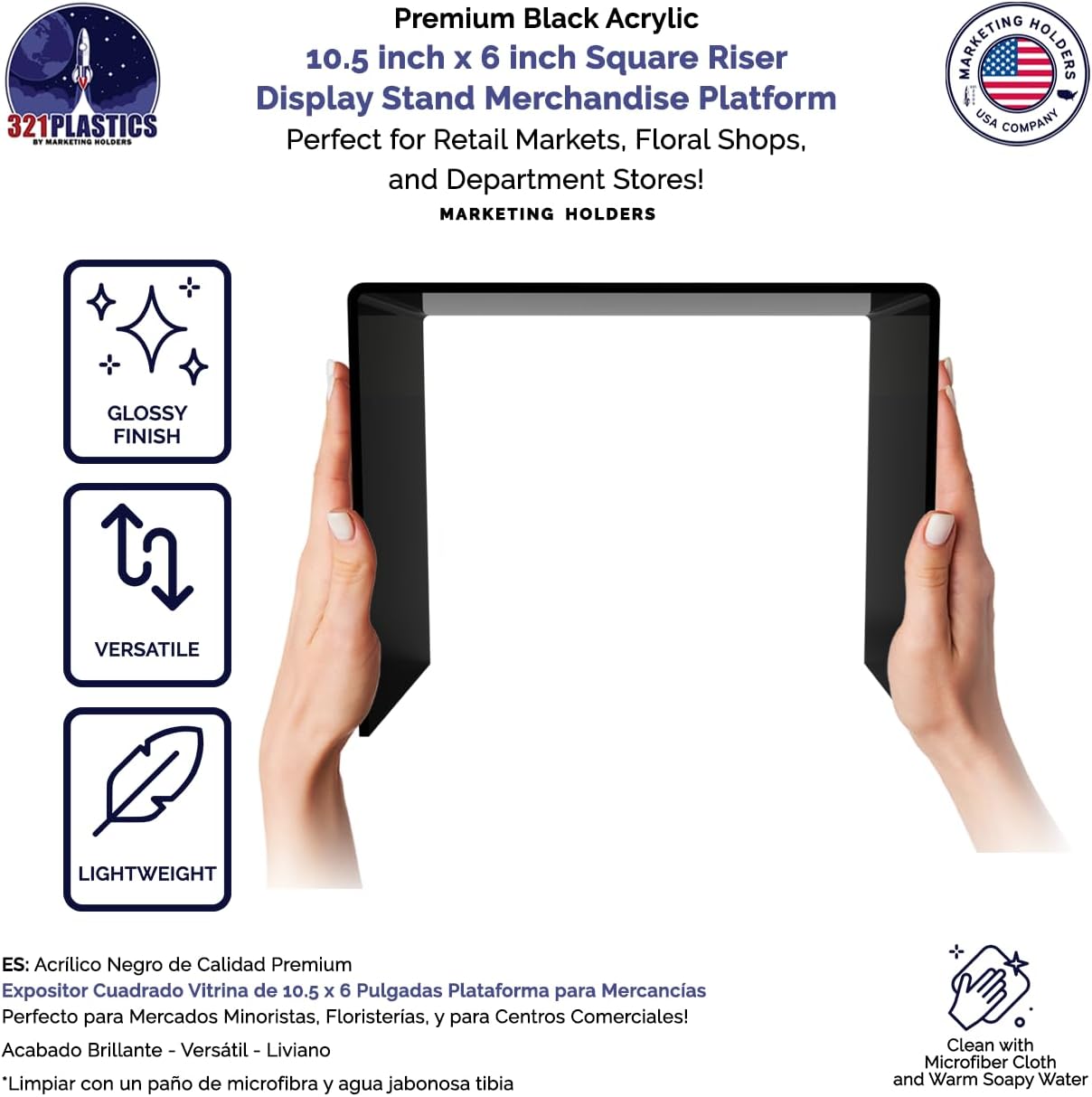 Marketing Holders Acrylic Riser Display Stand Black Plexiglass 10.5 Inch Wide x 6 Inch Deep x 8 Inch High Rectangular