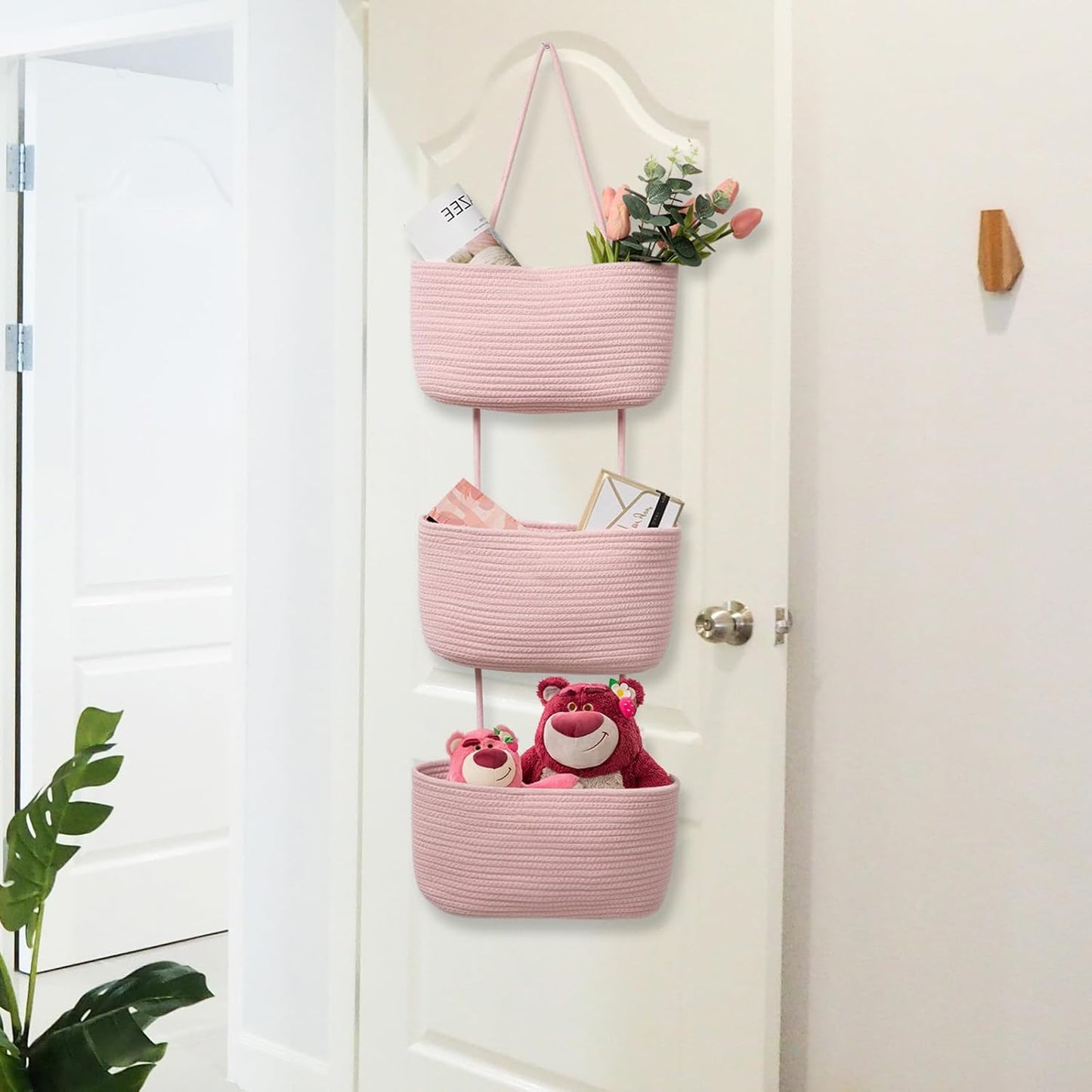 3-Tier Woven Cotton Wall-Mounted Storage Organizer Bag Decorative Hanging Nursery / Pink