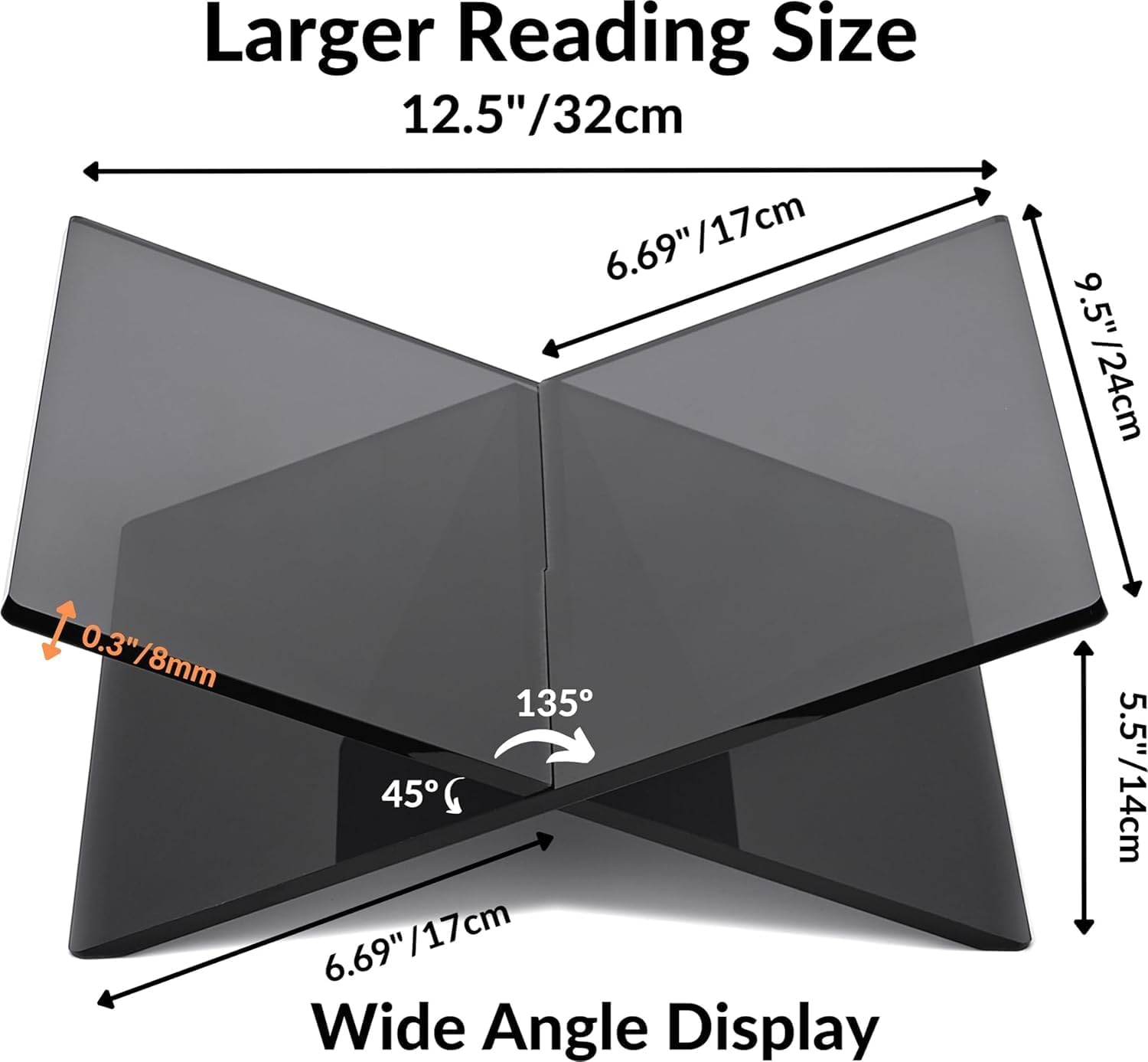 Honygebia Black Acrylic Book Stand, Cross Frame Open Display Holder | Smoked Black Acrylic, 8mm Thick, 9.5"D X 12.5"W X