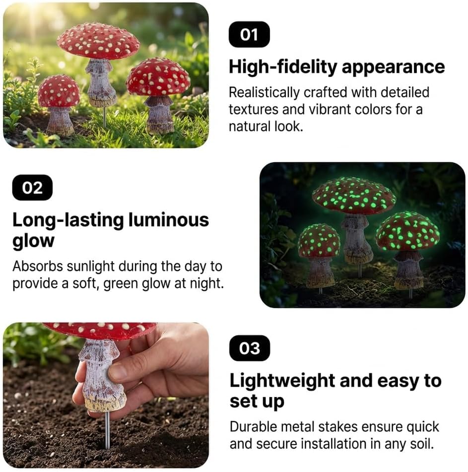 Glow in The Dark Mushroom Miniature Resin Mushroom Decor for Fairy Garden Mini Mushroom / Set of 3