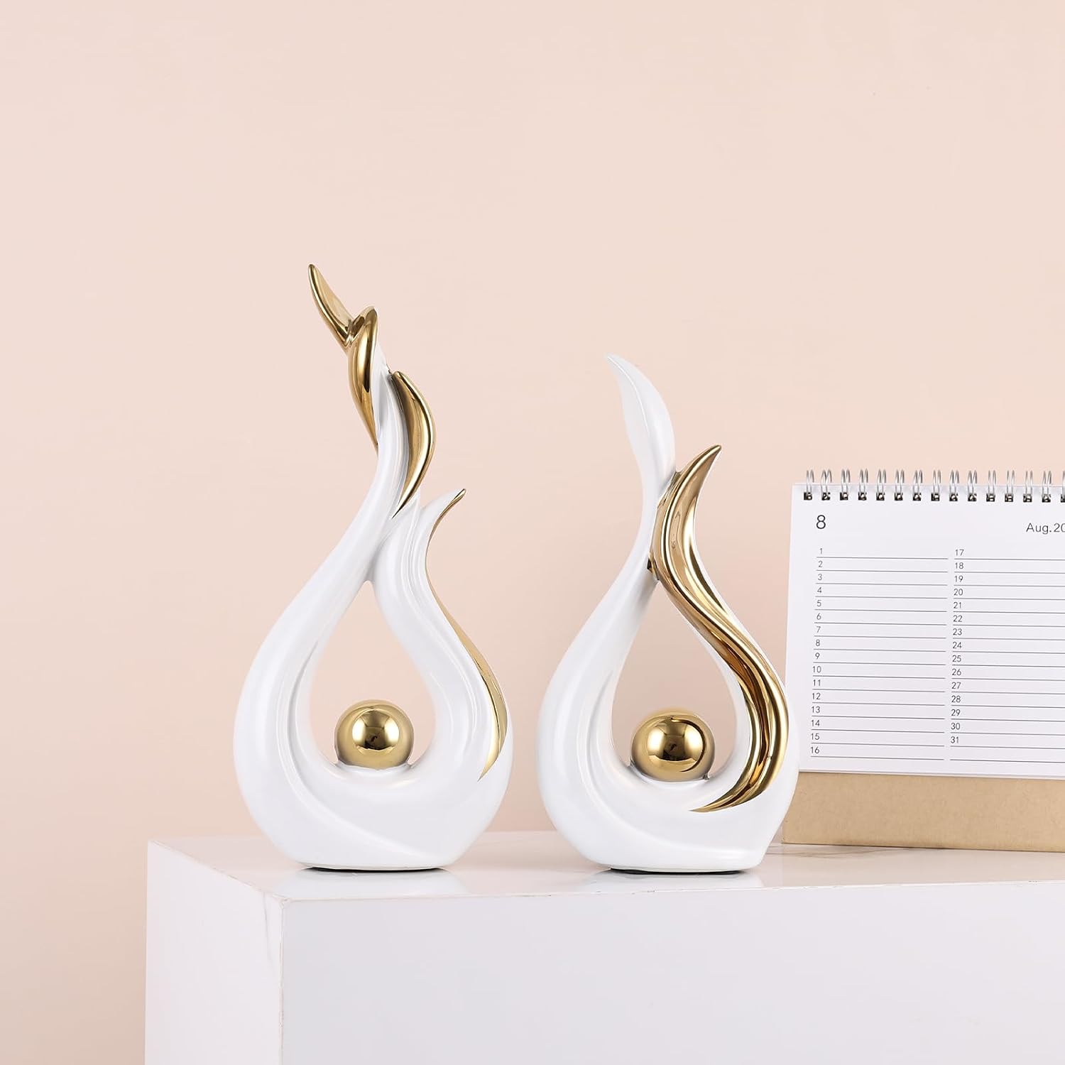 Modern Figurines / Abstract Flame Ceramic Sculpture Set / White Gold / Set of 2