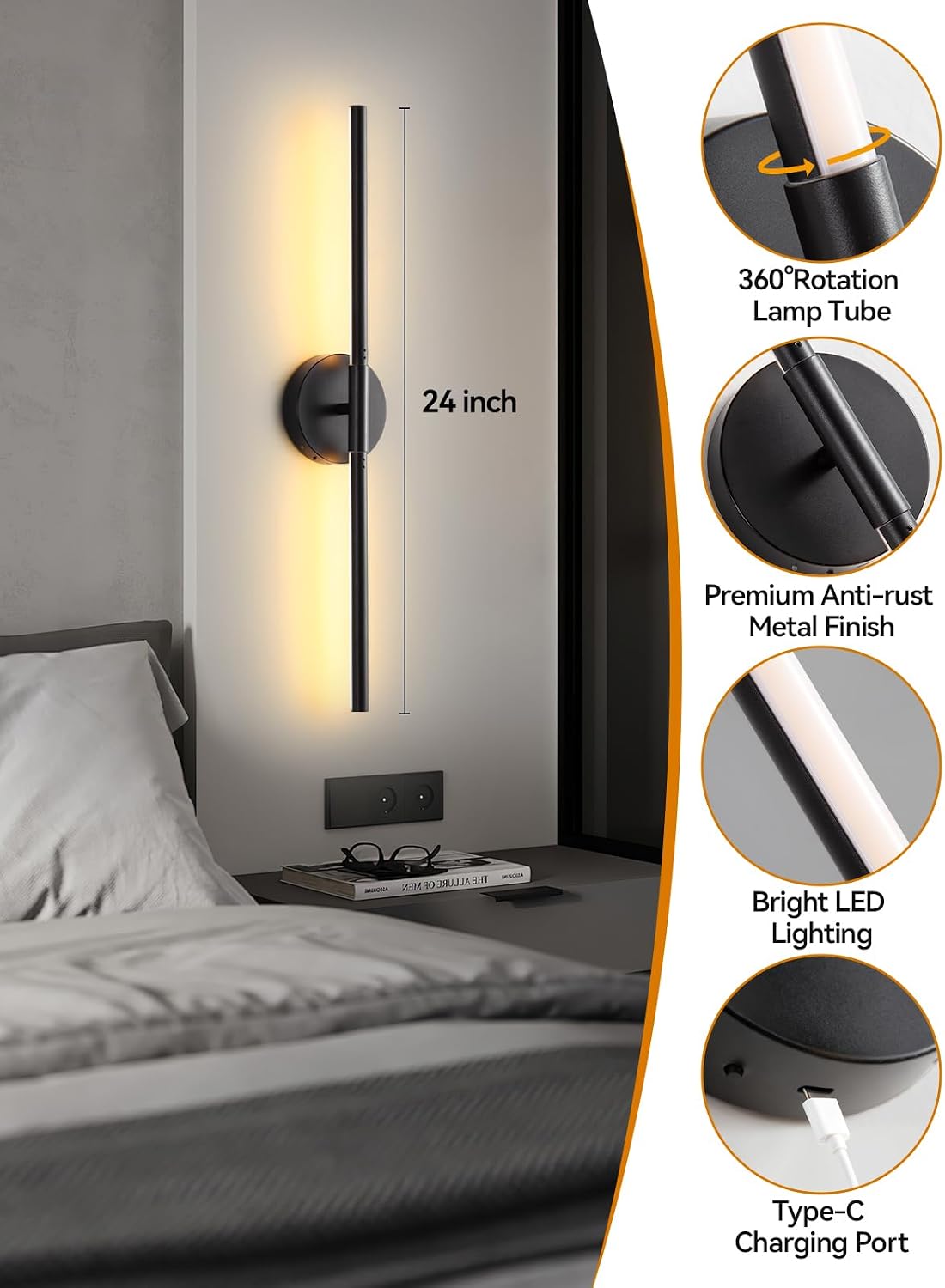 24 Inch Battery Operated Wall Sconces, Remote & Touch Control | Black Rechargeable Wall Light, Wireless Sconces wall