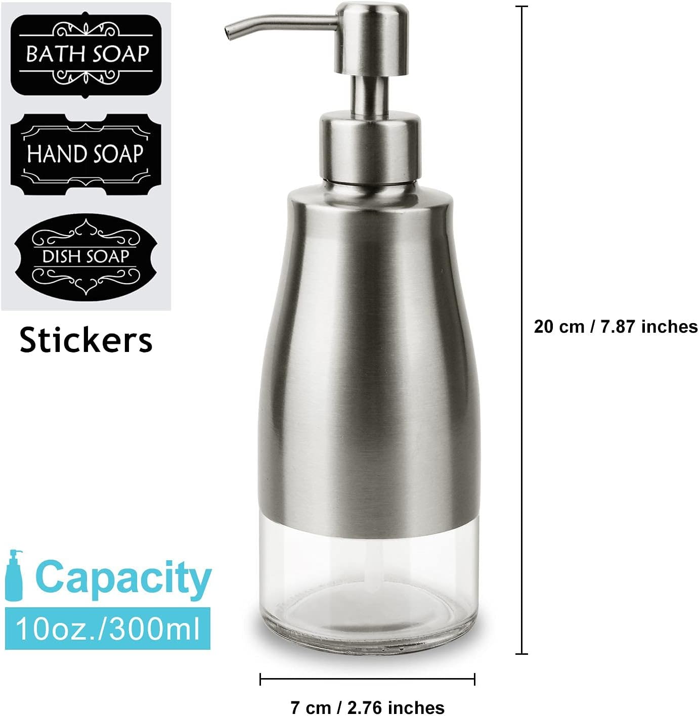 AUMIO 2-Pack Hand Soap Dispenser Set, Stainless Steel Case with Glass Liner | Brushed Nickel Finish | Refillable Design