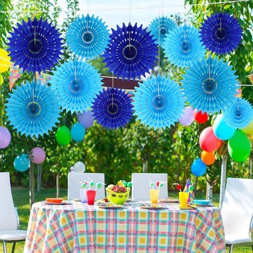 12PCS Paper Fans Blue Party Decorations Tissue Paper Flowers Decorations for Girl Groovy Birthday Baby Shower Wedding Bachelorette Room Wall Hanging Décor