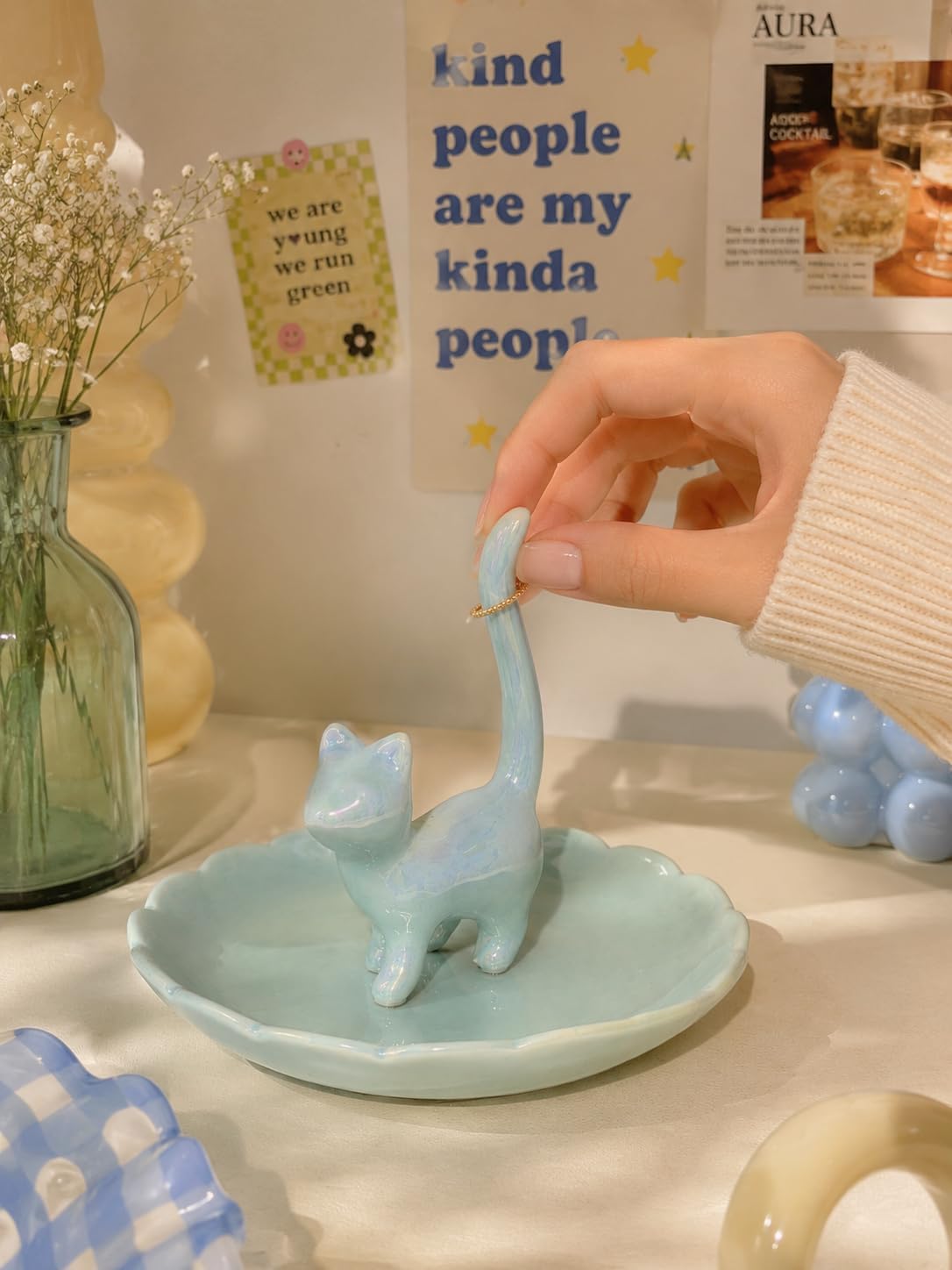 Cat Ring Holder Jewelry Dish-Ceramic Trinket Tray for Rings / Blue Cat