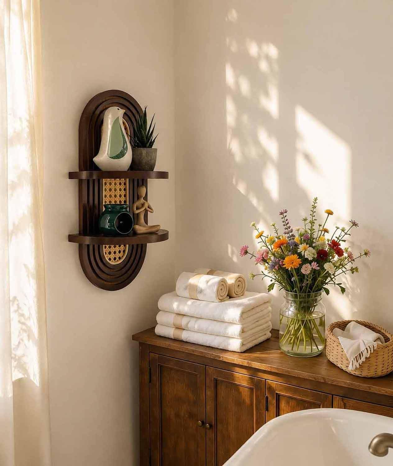 2-Tier Woven Rattan Floating Shelves / Walnut
