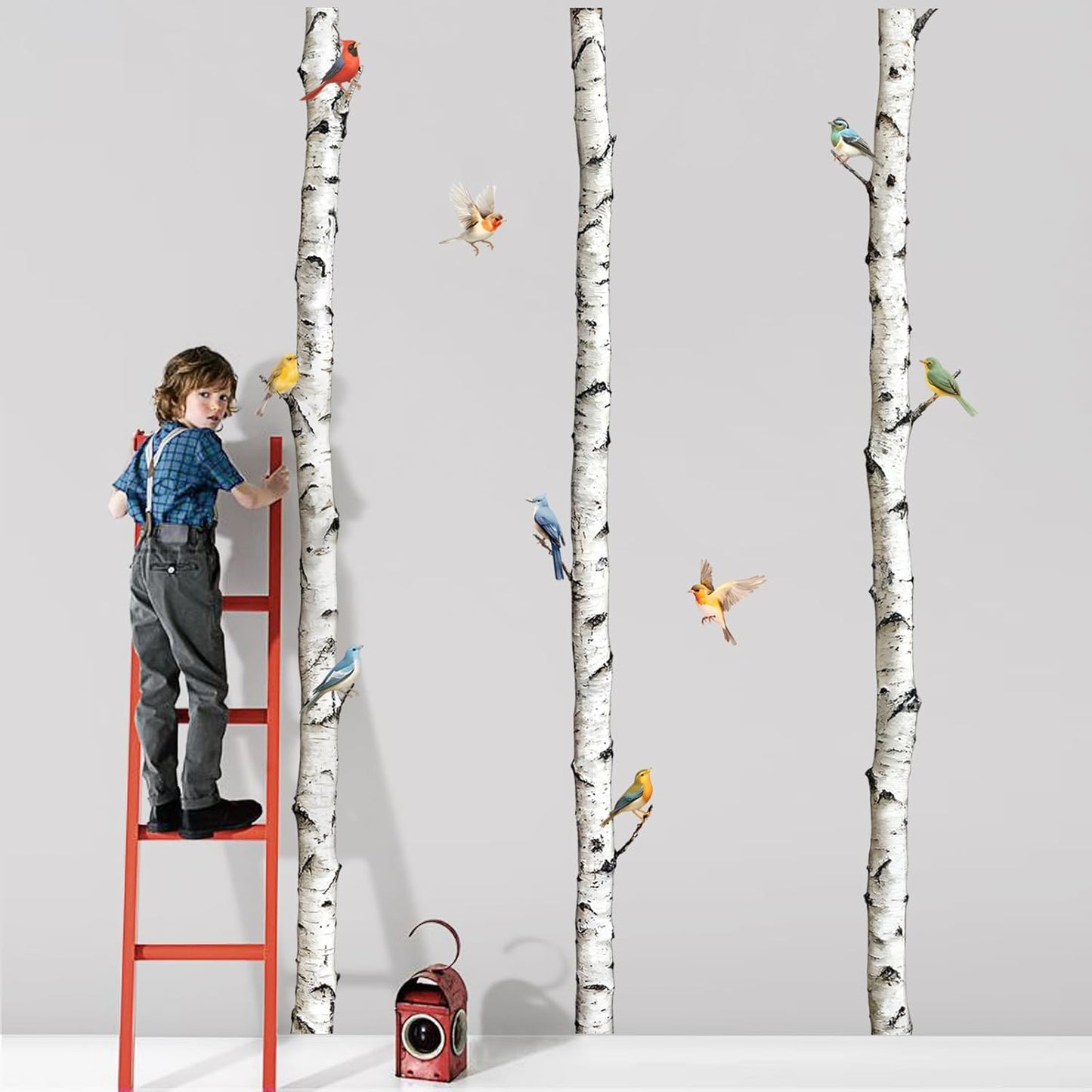 95" Tall Birch Tree Wall Decals 3 Aspen Trees Flying Birds Wall Stickers Peel and Stick / White